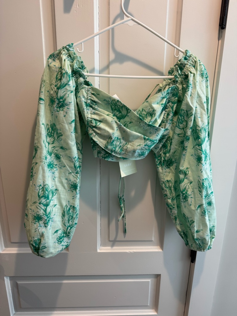 Green Floral Puff Sleeve Crop Top